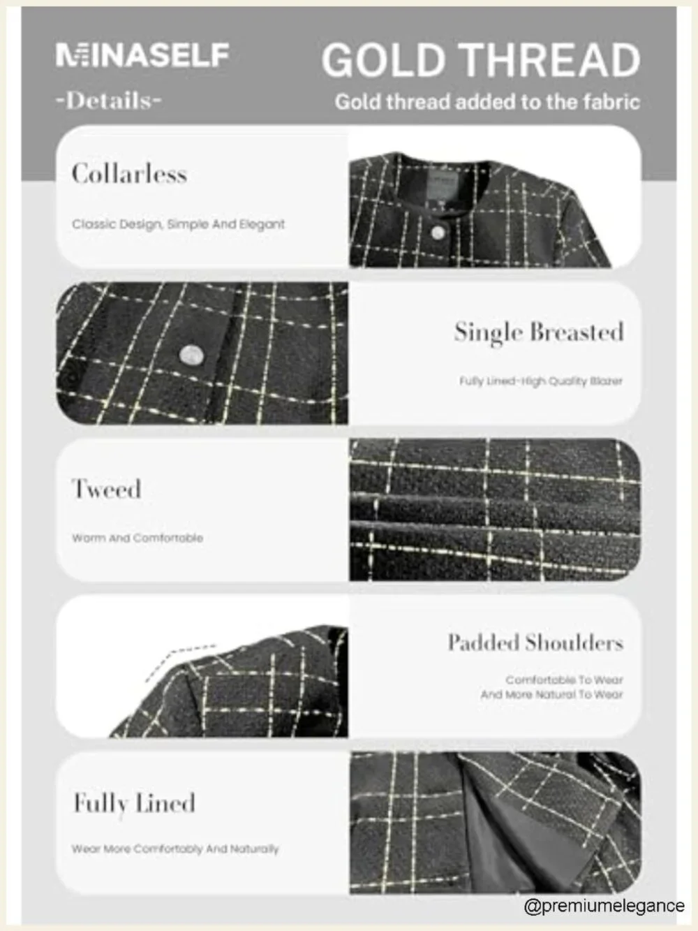 Women's Tweed Blazer Plaid Cropped Lightweight Casual
